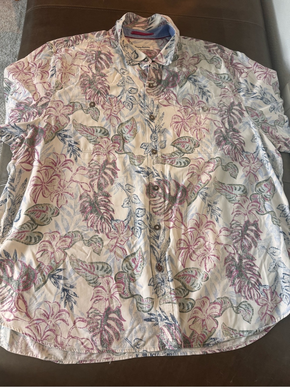 TommyBahama Tropical Print Short Sleeve Button-Up-Pink, Blue, Green on White XXL